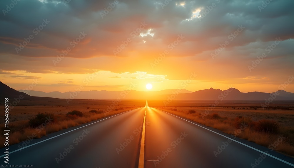 Fototapeta premium Sunset Road in Desert Landscape with Mountain Range and Vibrant Sky