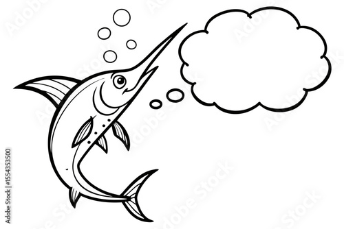 A majestic swordfish contemplates with a thought bubble above its head isolated on white background