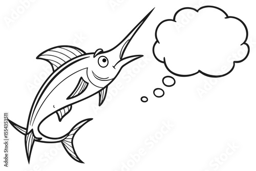 A cheerful swordfish smiles with a thought bubble above its head isolated on white background