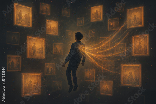 Boy Interacting with Floating Digital Screens