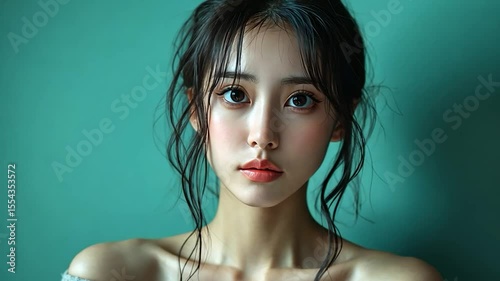 Woman portrait teal background