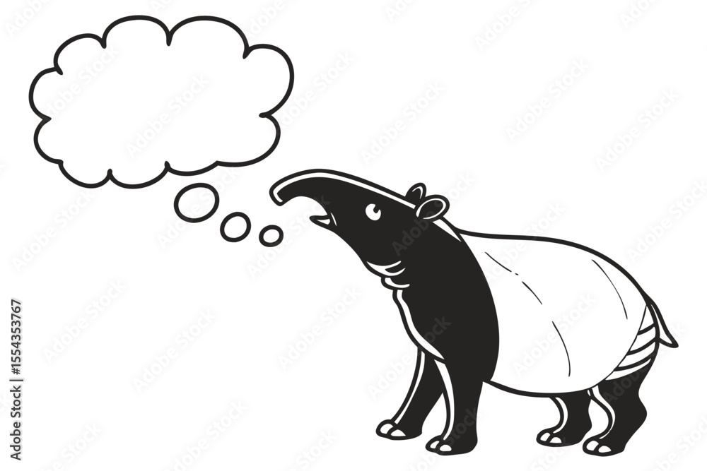 Fototapeta premium Cartoon tapir with a long nose is thinking with a thought bubble isolated on white background