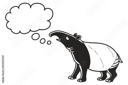Cartoon tapir with a long nose is thinking with a thought bubble isolated on white background