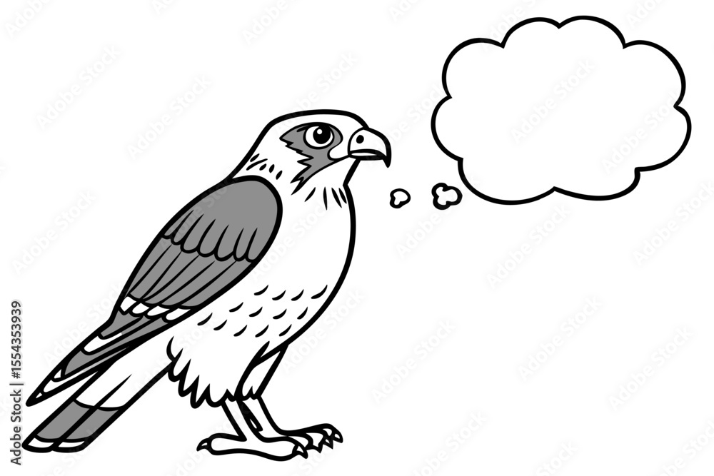 Fototapeta premium Cartoon hawk with a thought bubble isolated on white background illustrating its inner thoughts and ideas in a simple and expressive design