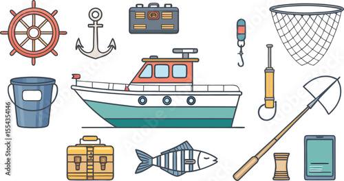Flat Icon Set of Maritime and Water Transport Boats, Ships, Anchors, and Ocean Travel Elements in Minimal Style on White Background.