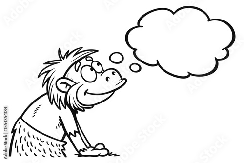 Cartoon caveman with a thought bubble isolated on white background showcasing his primitive thoughts and ideas in a humorous illustration