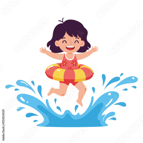 Child Jumping into Pool with Inflatable Ring, Flat Icon