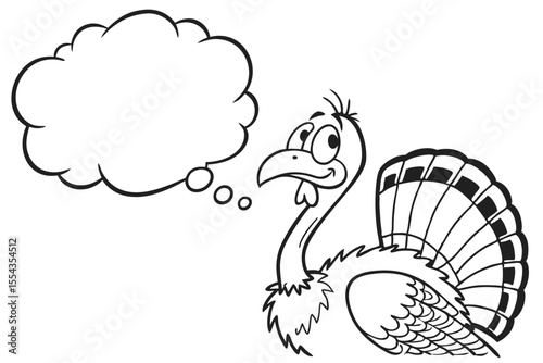 Cartoon turkey with a thought bubble looks up and smiles isolated on white background