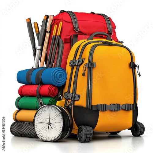 Red and Yellow Backpacks with Camping Gear on White Background