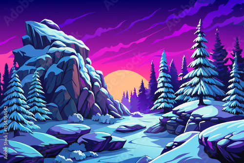 Vector cartoon of snowy winter hills and forest in gentle snowfall, ideal for Christmas designs, hiking themes, and seasonal travel concepts