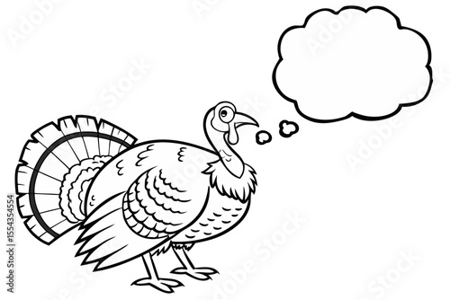 Cartoon turkey with a blank thought bubble isolated on white background in a simple black and white illustration
