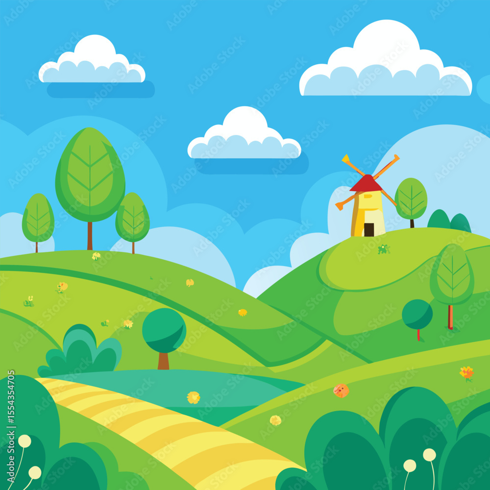 Naklejka premium Rolling Green Hills, Windmill, and Countryside Landscape Illustration