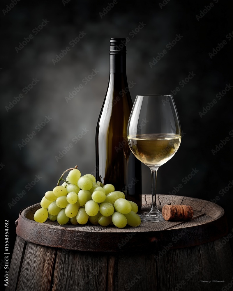 Obraz premium Bottle and glass of white wine sitting on rustic barrel with green grapes