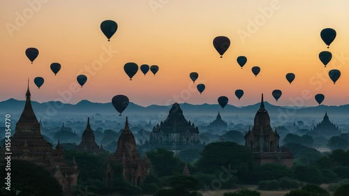 Hot Air Balloons Drift Above Ancient Temples at Sunrise Over Bagan in Myanmar