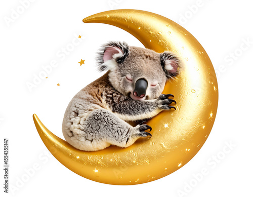  Fluffy Koala Sleeping on a Crescent Moon, fantasy illustration, isolated on transparent background