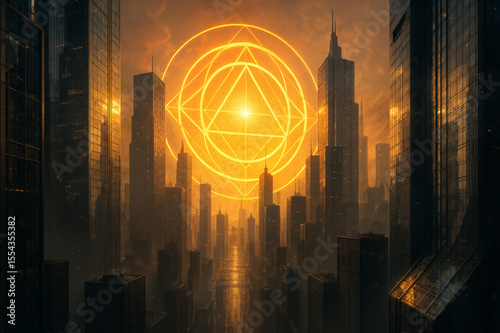 Futuristic Golden Geometry Above Cityscape