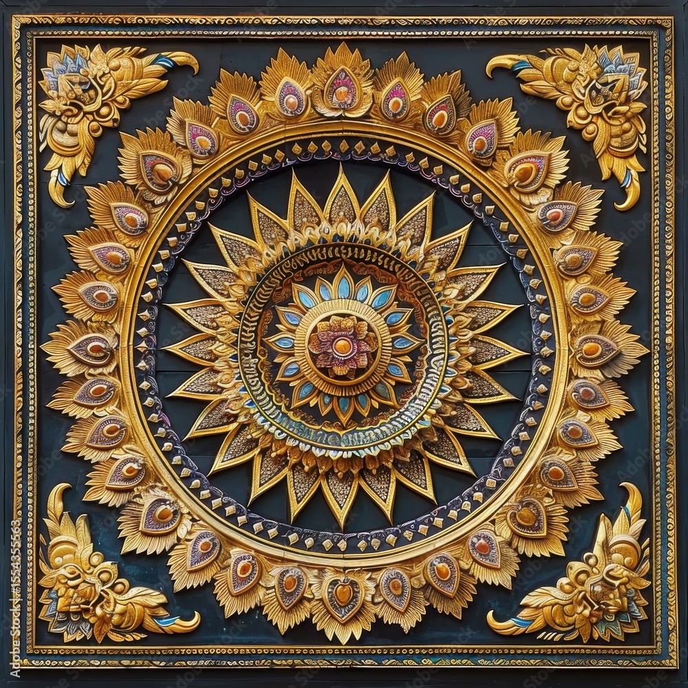 Fototapeta premium Intricate Golden Mandala Asian Art Decorative Panel Relief Carving Temple Design