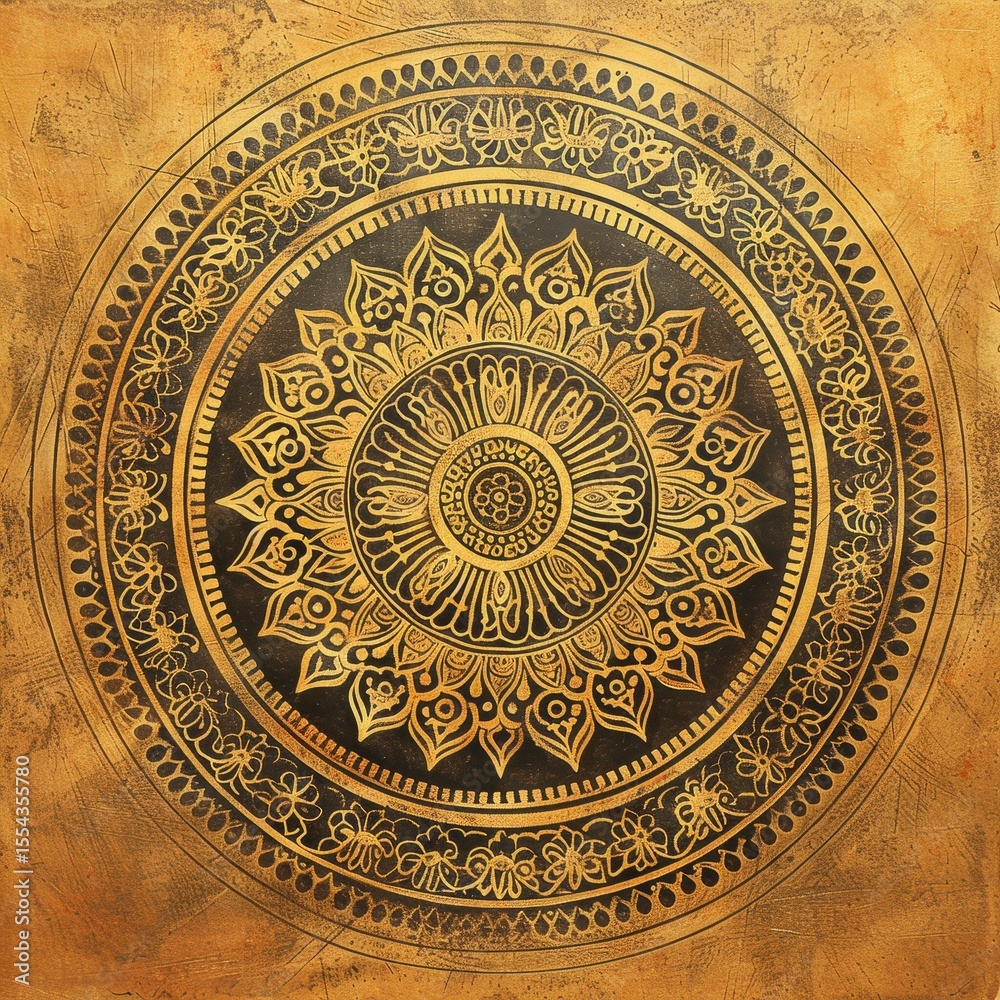 Obraz premium Golden Mandala Design on Antique Brass Texture Background