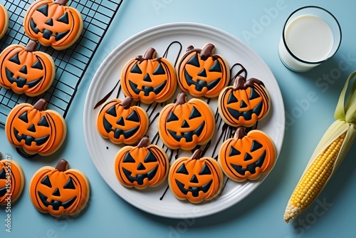Halloween Pumpkin Cookies Flat Lay with Milk on Blue Background