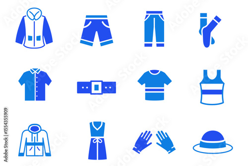 Clothes solid flat icons set. Woman and man clothes and accessories collection. Fashion wardrobe. Editable Vector illustration. 