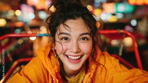 Close-up portrait of a young woman with a vibrant smile, seated in a carnival ride, bathed in colorful, out-of-focus lights