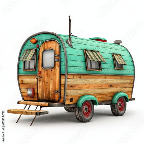 Retro Teal and Wood Camper Trailer on White Background