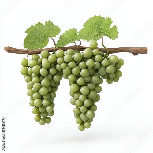 Ripe Green Grapes Hanging on Vine Against White Background