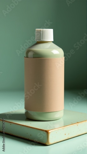 Beige liquid soap bottle placed on two stacked books with a soft green background. backdrop