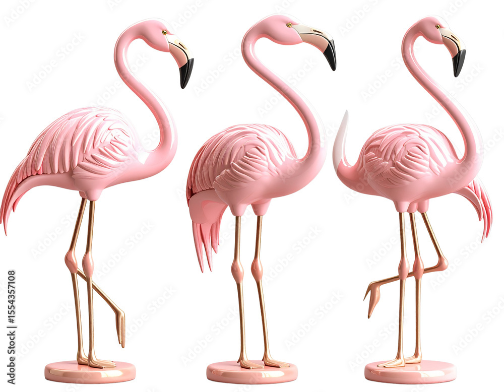 Obraz premium Elegant Trio of Pink Flamingo Sculptures with Unique Postures, 3D Render, isolated on transparent background