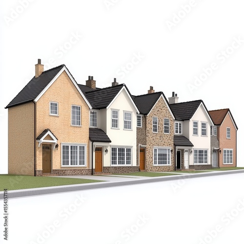 Row of Houses  Tan, Stone, and Cream Colored Exteriors on a Paved Street