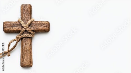 Rustic Brown Wooden Cross with Twine on White Background