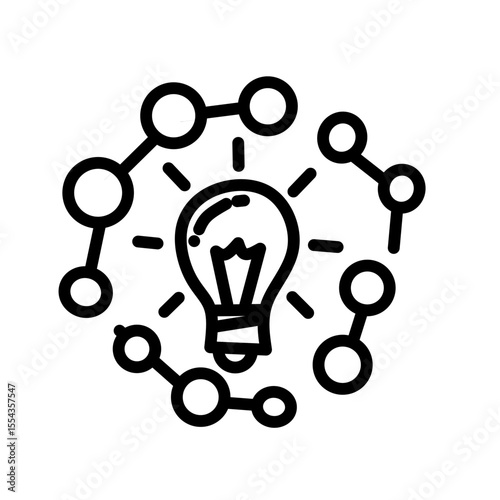 Line icon of a light bulb surrounded by connected nodes, symbolizing innovation, creative ideas, brainstorming, and technological networking in digital solutions.