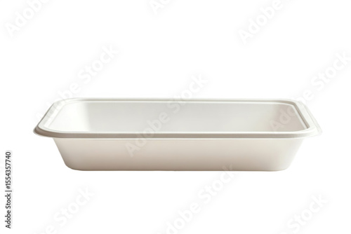 Side profile of white plastic takeout tray isolated on transparent background