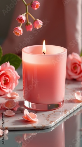 A lit pink candle surrounded by rose petals and pink roses, evoking a romantic mood. backdrop