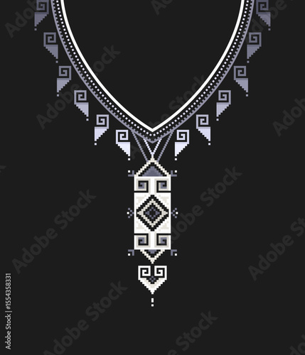 Pixel collar design inspired by tribal motifs in monochrome tones. Perfect for T-shirt prints, embroidery templates, or fashion accessories with ethnic vibes