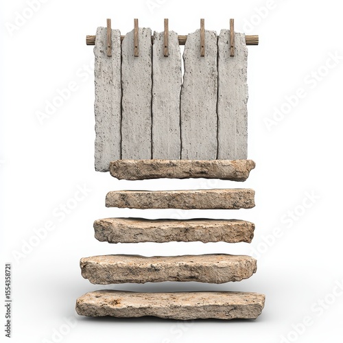 Rustic Stone Steps and Weathered Wood Panel on White Background