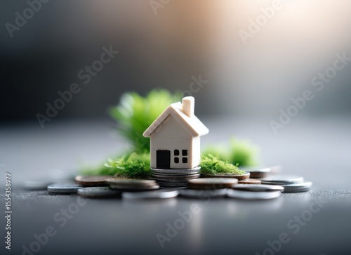 Atop a heap of gold coins, a miniature house is positioned, signifying expanding financial resources, with growing plants contributing a sense of organic harmony and flourishing prosperity against a