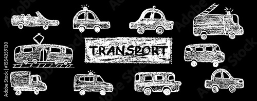 Set of crayon drawn vehicles including police, passenger car, ambulance, fire truck, taxi and train. Wax pastel squiggles with charcoal grunge texture for nursery kindergarten education style. Vector