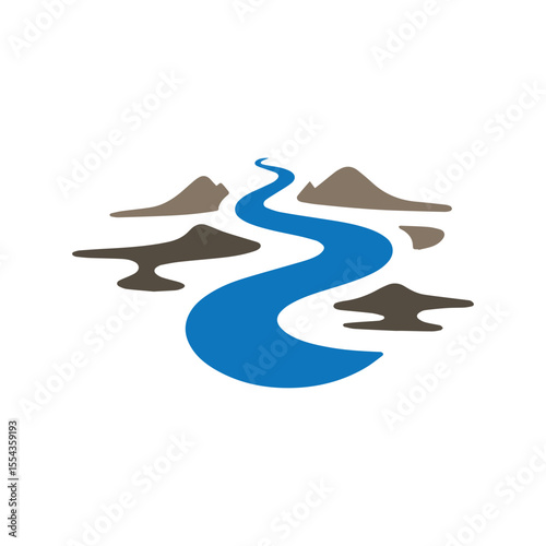 Logos of rivers, creeks, riverbanks and streams. River logo with combination of mountains and farmland with concept design vector illustration template