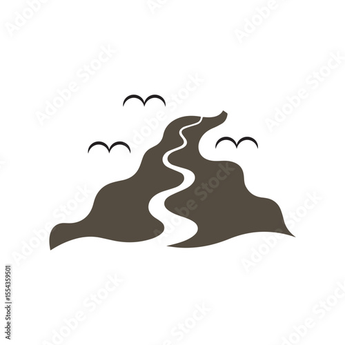 Logos of rivers, creeks, riverbanks and streams. River logo with combination of mountains and farmland with concept design vector illustration template