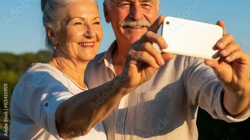 Elderly couple taking selfie outdoors in sunlight