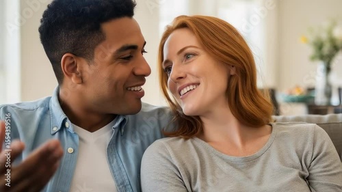 Couple relaxing on couch sharing affection laughter at home