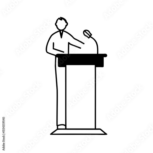 Handdrawn line art of a person speaking at a podium with a microphone speaker speech