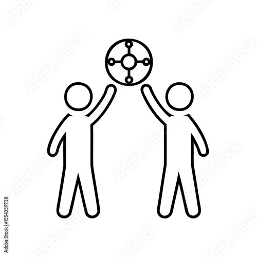 Two stick figures reaching up towards a circular object with connected circles line art on background 1