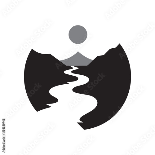 Logos of rivers, creeks, riverbanks and streams. River logo with combination of mountains and farmland with concept design vector illustration template