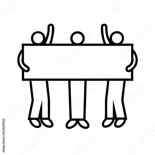 Line art of three figures holding a blank rectangle banner with arms raised in protest