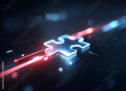 A dark surface featuring circuit patterns is dominated by a glowing, abstract technological structure made up of interconnected puzzle pieces, illuminated by bright red and blue light streaks,