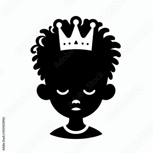 A black boy Wear Princess Crown. Cartoon Animal Clipart Silhouette Vector Illustration Line Art Illustration. Young african american child adorn royal headpiece act like royalty.