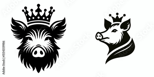 A boar Wear Princess Crown. Cartoon Animal Clipart Silhouette Vector Illustration Line Art Illustration. Hog using royal diadem swine exhibit regal headgear with coronet.