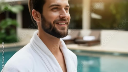 Man relaxing pool in natural setting